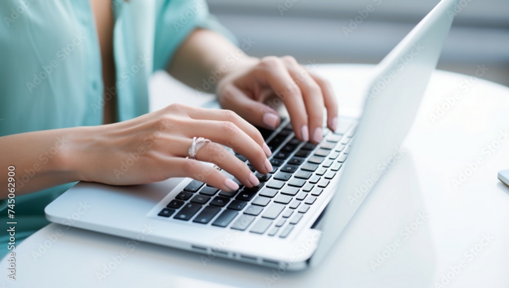 Close up of businesswoman hands typing on laptop keyboard at office desk Close up of businesswoman hands typing on laptop keyboard at office desk