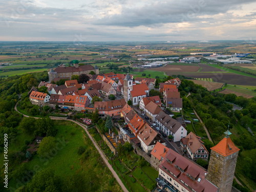Aerial view of the medieval town of Waldenburg sitting on a hilltop high above the plains of Hohenlohe in southern Germany