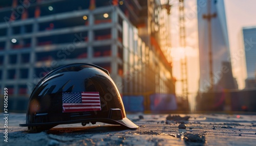 Sunset Safety Construction Worker's Helmet Generative AI photo