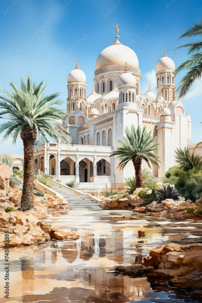 Naklejka premium Illustration of beautiful white mosque against blue sky background. Ramadan concept