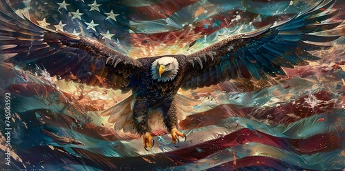Eagle s Eye View A Patriotic American Eagle Flying Over a Colorful Flag Generative AI