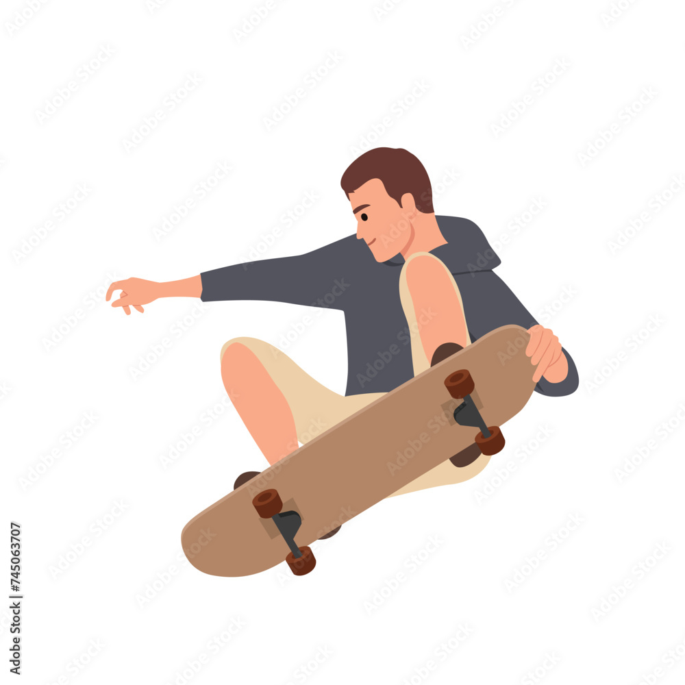 Young man jump skateboard wearing hoodie. Flat vector illustration isolated on white background Young man jump skateboard wearing hoodie. Flat vector illustration isolated on white background