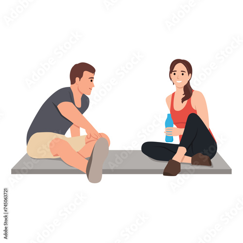 Couple exercising together. Man and woman in sports wear. Flat vector illustration isolated on white background