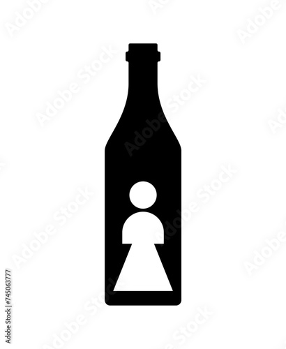 Female alcoholism sign. Girl and alcohol bottle icon. Concept illustration of logo woman and wine. Incurable disease for women