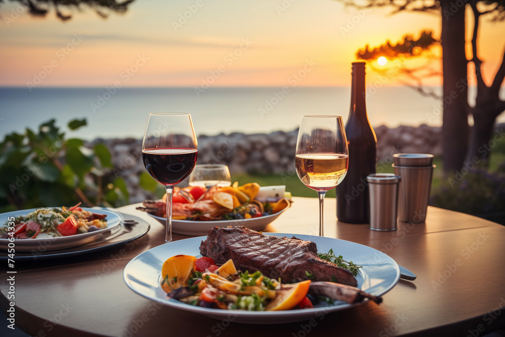 Romantic dinner on beach. Glasses of wine and sea wiew. Vacation, travel, restaurant. Happy valentine's day background..