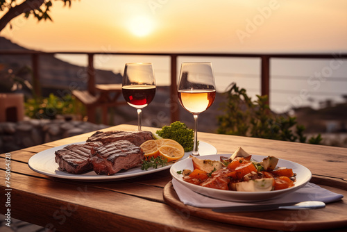 Romantic dinner on beach. Glasses of wine and sea wiew. Vacation  travel  restaurant. Happy valentine s day background.