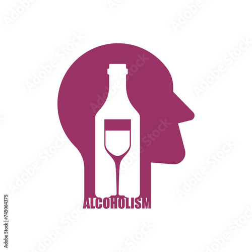 Alcoholism sign. Man and alcohol bottle icon. Concept illustration of logo Human and wine. Incurable disease