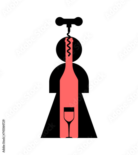 Female alcoholism sign. Girl and alcohol bottle icon. Concept illustration of logo woman and wine. Incurable disease for women