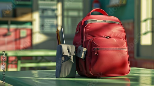 Back to School Red Backpack and Pencil Case Generative AI photo
