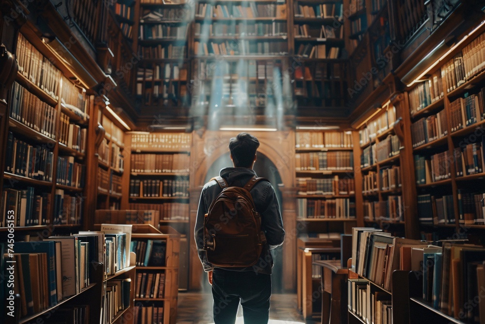 A Man in a Backpack in a Library Generative AI A Man in a Backpack in a Library Generative AI