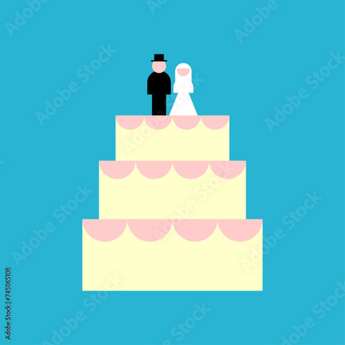 Large wedding cake and newlyweds figurines. Refreshment for a wedding