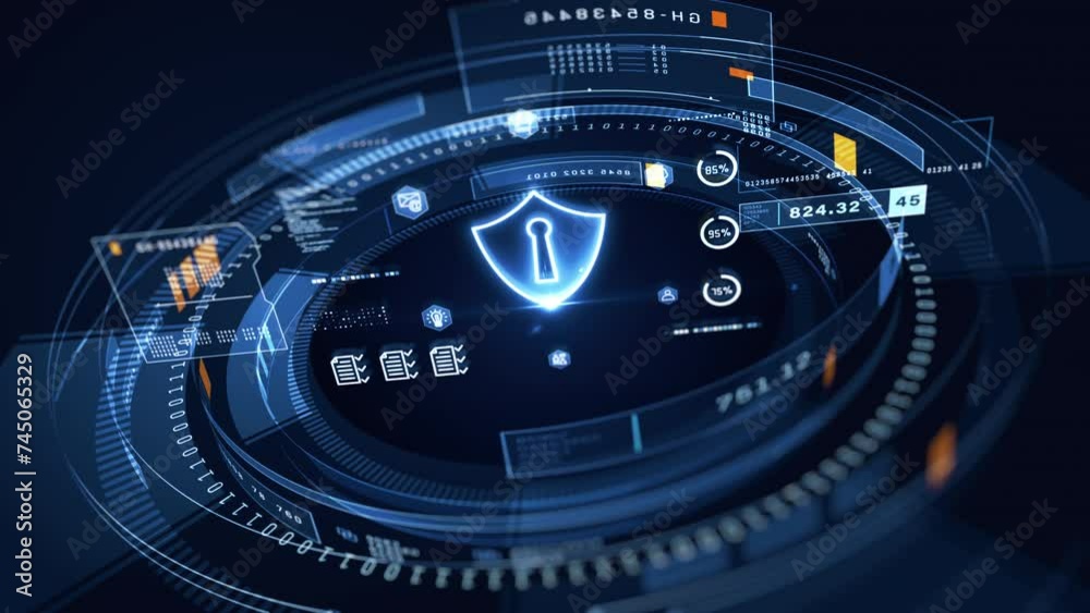 Digital cybersecurity interface with a protective shield icon,