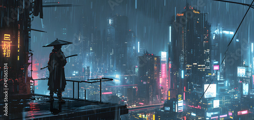 anime style character observing futuristic city from above photo