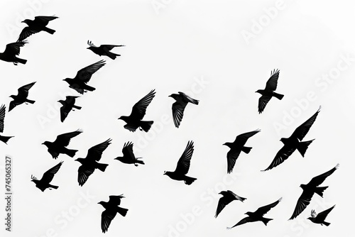 a vector illustration of a flock of black bird and crows fling together on a bright white background wallpaper © usman