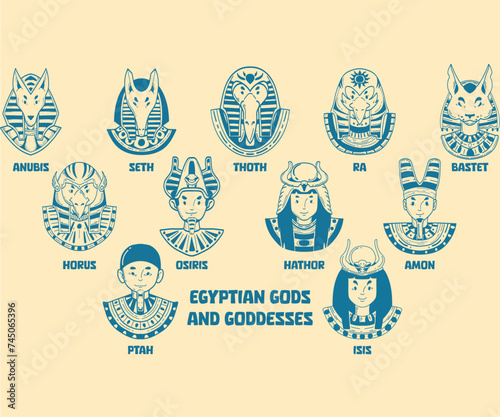 Illustration Egyptian Gods and Goddesses cartoon style.