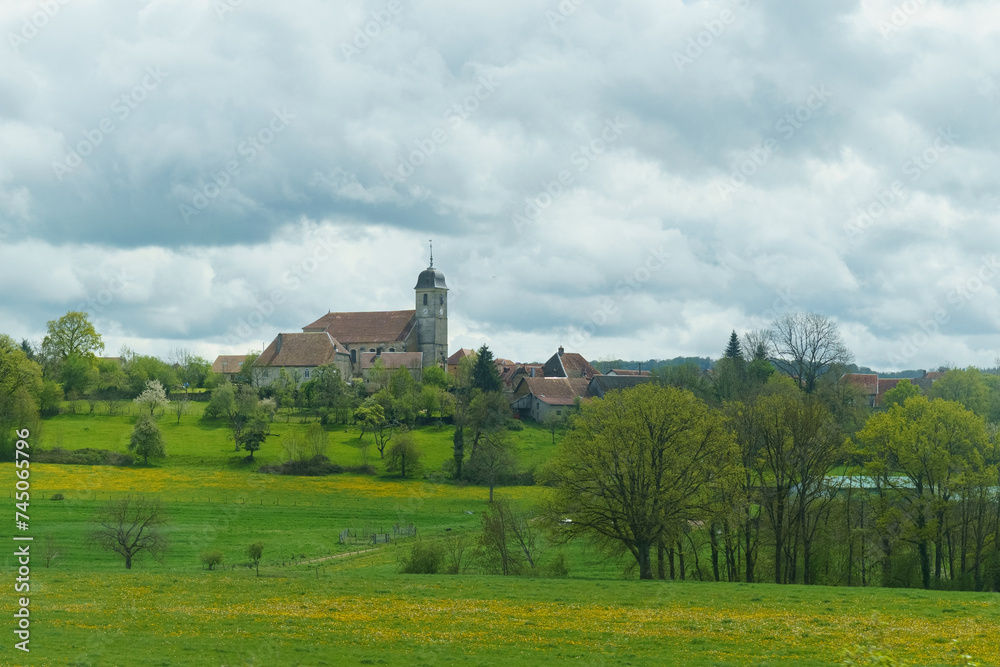 Picturesque European Village Nestled Amidst Green Fields Under a Cloudy Sky