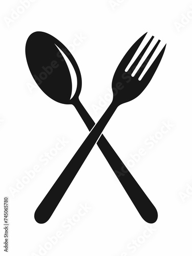 Spoon and fork crosswise black silhouette icon Isolated on white background.