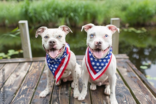 July 4th Celebration Two White Bulldogs Wearing American Flags Generative AI photo