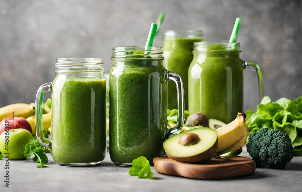 Glass jar mugs with green health smoothie, kale leaves, lime, apple, kiwi, grapes, banana, avocado, lettuce. vegan, vegetarian, alkaline food concept Glass jar mugs with green health smoothie, kale leaves, lime, apple, kiwi, grapes, banana, avocado, lettuce. vegan, vegetarian, alkaline food concept