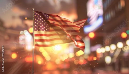 Glowing American Flag in the Neon Cityscape Generative AI