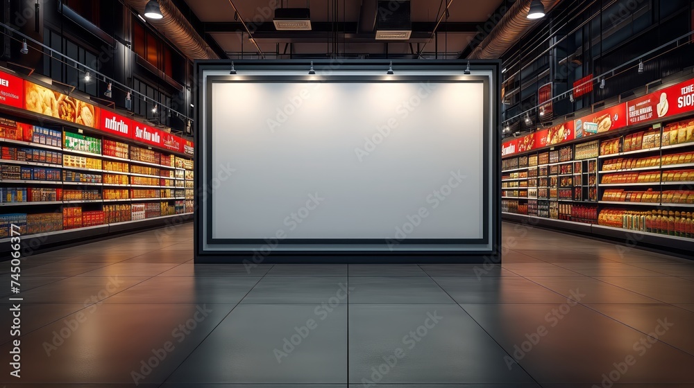 Fototapeta premium Blank billboard in the interior of the supermarket. 3d rendering