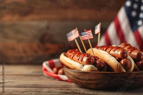 Hot Dog Sale Fourth of July Celebration with American Flags and Sausages Generative AI