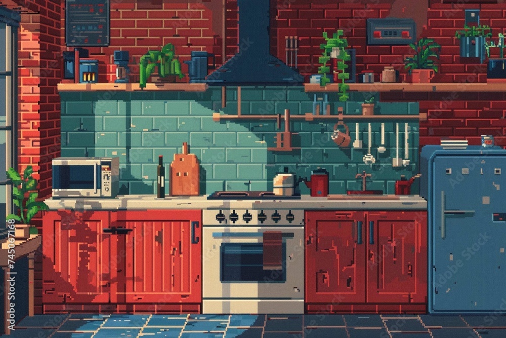 Aesthetic kitchen background in pixel art style. Stock Photo | Adobe Stock