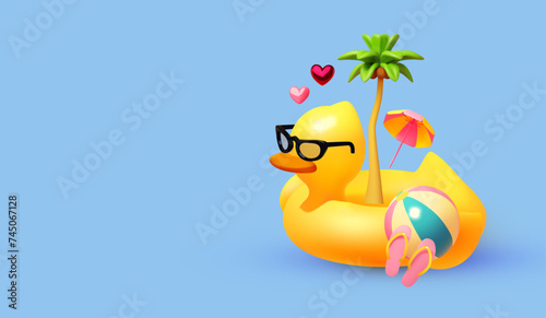 Hello Summer! Cool summer vacation. 3D tropic holiday design. Exotic journey. Duck pool ring, palm, umbrella and beach ball. © feaspb