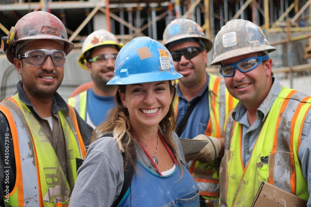 Hard Hats and Smiles A Construction Crew's Monthly Meet-Up Generative AI