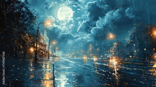 serene rain sky backdrop, bathed in the cool and calming light of moonlit clouds, portraying the beauty of a reflective and peaceful urban rainfall © Tina