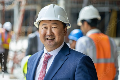 Construction Worker Smiling in White Helmet Generative AI