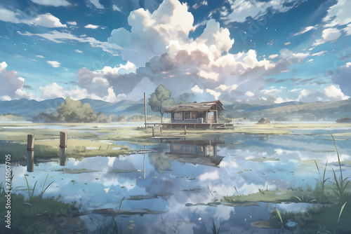 House on Green Grass with Surrounding Lake and Cloudy Sky Landscape. Beautiful Scenery of Peaceful Village. An Anime Landscape Illustration