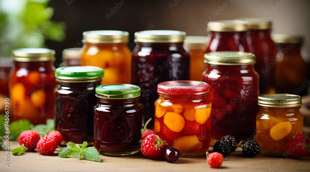 Jars with various jams and flowers on a wooden table. generative.ai Jars with various jams and flowers on a wooden table. generative.ai