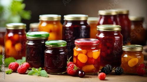 Jars with various jams and flowers on a wooden table. generative.ai