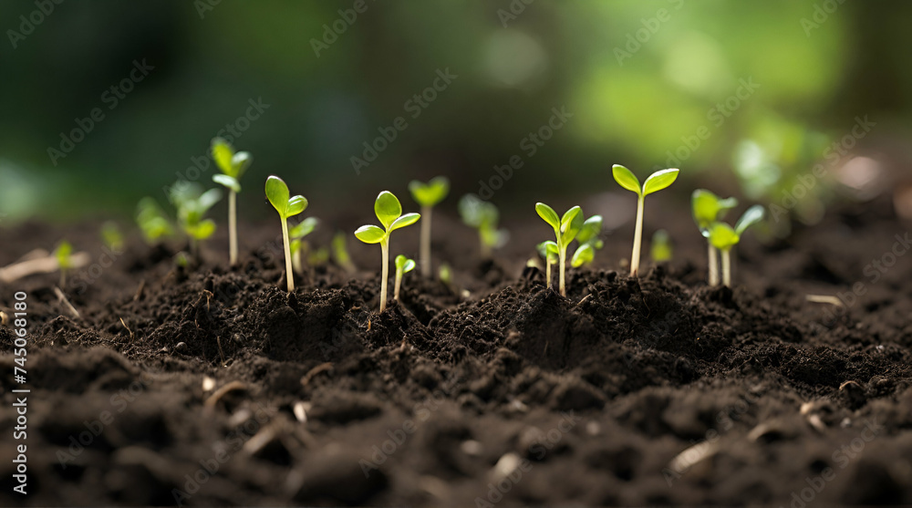 Fototapeta premium Tiny green sprouts reaching towards a light source. Hemp seedlings emerging from rich, dark soil. The beginning of life and growth in a controlled environment. Legalized hemp cultivation.generative.ai