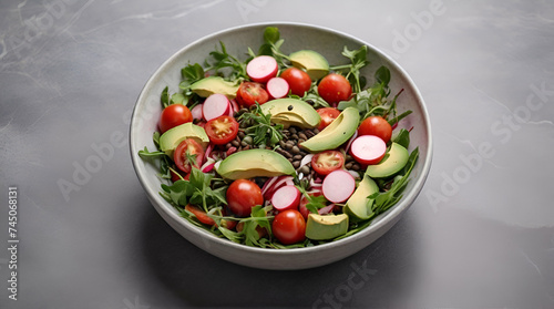 Top view of fresh salad with fresh vegetables - tomatoes, arugula, avocado, radish and seeds in a round bowl. Plate on marble table. generative.ai
