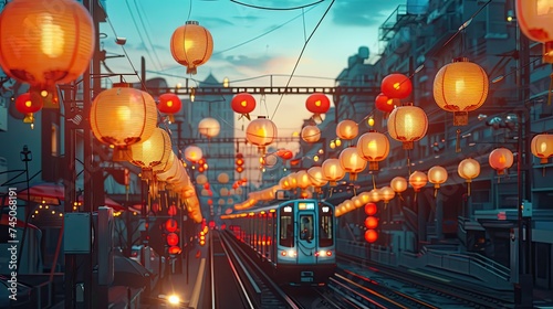 City wide angle, blue sky, no clouds, subway passing, happy, a few lanterns hanging in the sky, bright colors, warm tones photo