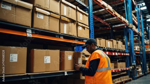 Warehouse Worker collects cardboard Boxes and Parcels on the Shelf