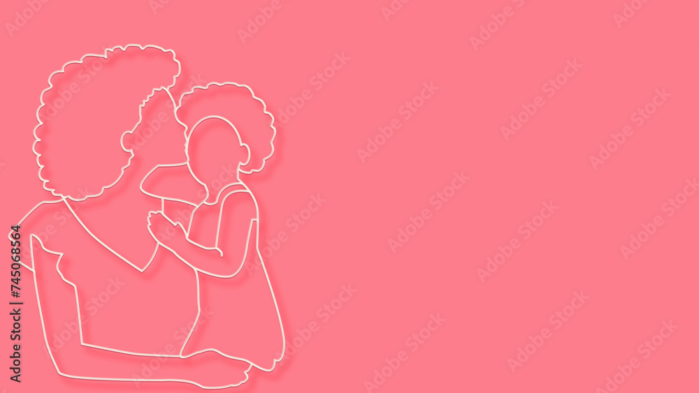 A mother is holding her daughter white line on pink background A mother is holding her daughter white line on pink background