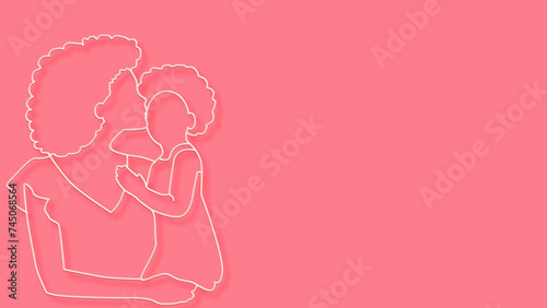 A mother is holding her daughter white line on pink background