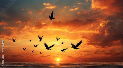 Bird Flying Sunset Flight Inspirational Soaring Ocean Beautiful Sunrise Divine. generative.ai