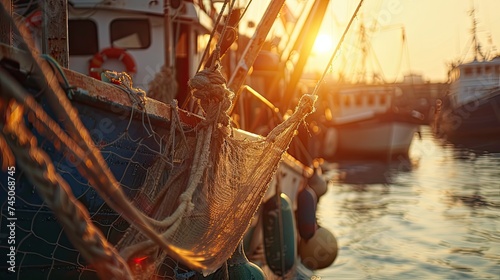 wide angle a part of fishing boat in a harbor at sunset warm color shadow.Photo realistic. atmospheric colors, hyper fine details