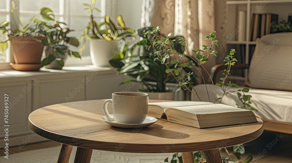 a cup of helf drank coffee placed on the center of coffee table, warm cup feelings , wood coffee table , opened book, small green plants a cup of helf drank coffee placed on the center of coffee table, warm cup feelings , wood coffee table , opened book, small green plants