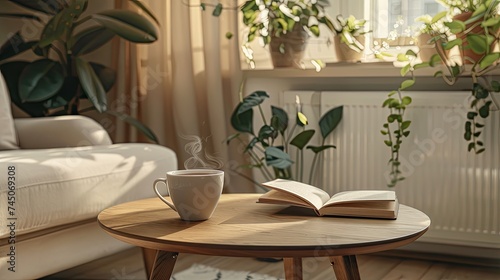 a cup of helf drank coffee placed on the center of coffee table, warm cup feelings , wood coffee table , opened book, small green plants photo