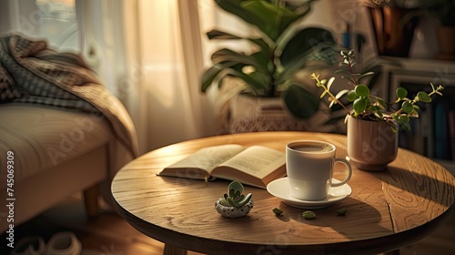 a cup of helf drank coffee placed on the center of coffee table, warm cup feelings , wood coffee table , opened book, small green plants