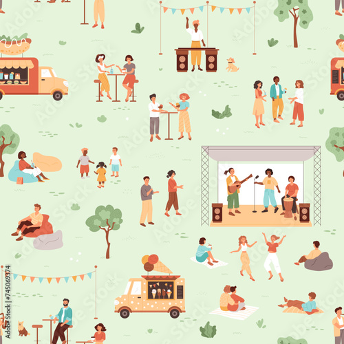 Music festival seamless pattern with food and ice cream truck, people walking in public park, drinking and communicate. Musicians plays on stage. Summer weekend concept. Vector illustration.