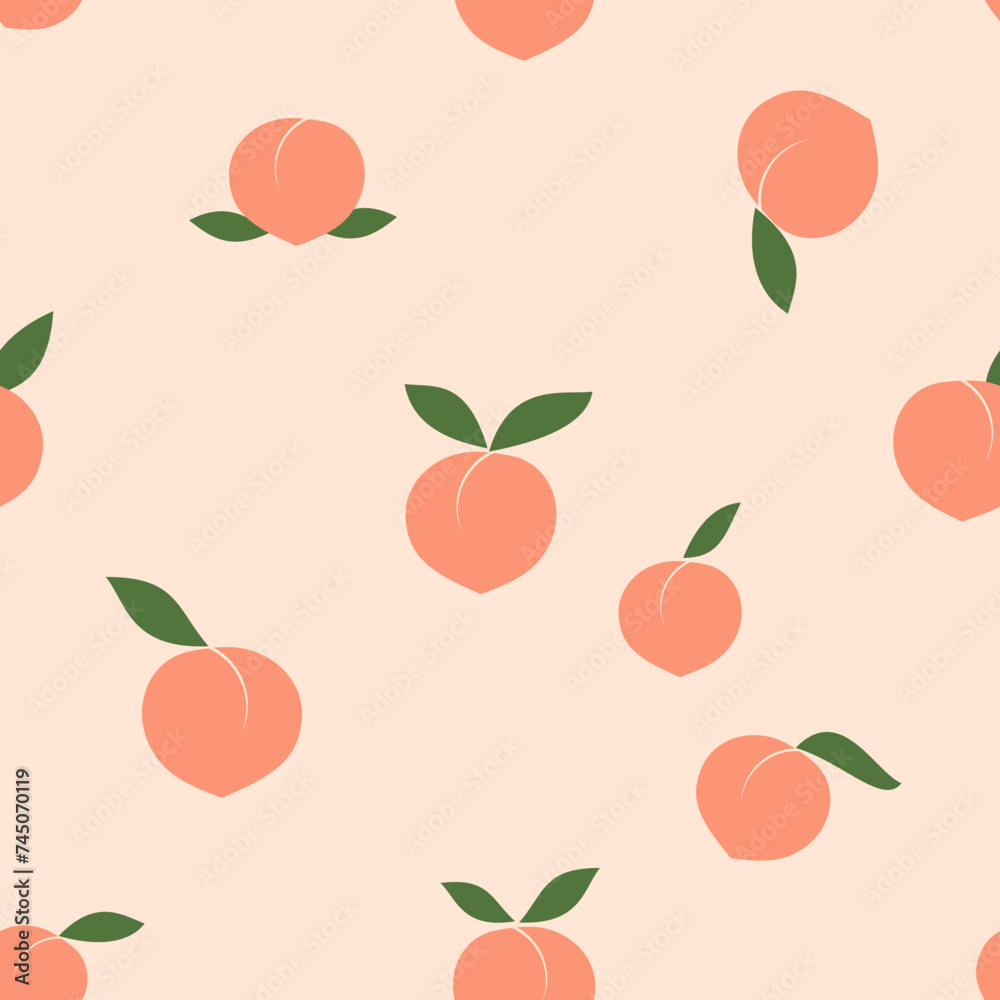Seamless pattern of peach fruit with green leaf on orange background vector illustration. Cute fruit print. Seamless pattern of peach fruit with green leaf on orange background vector illustration. Cute fruit print.