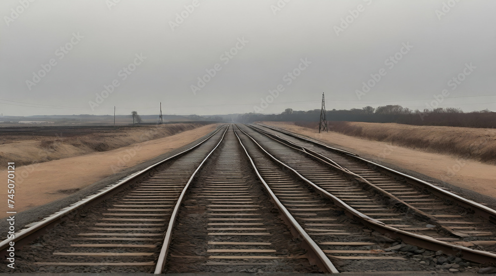 Photograph of Bare Train Tracks: Minimalist Railway Scene. generative.ai
