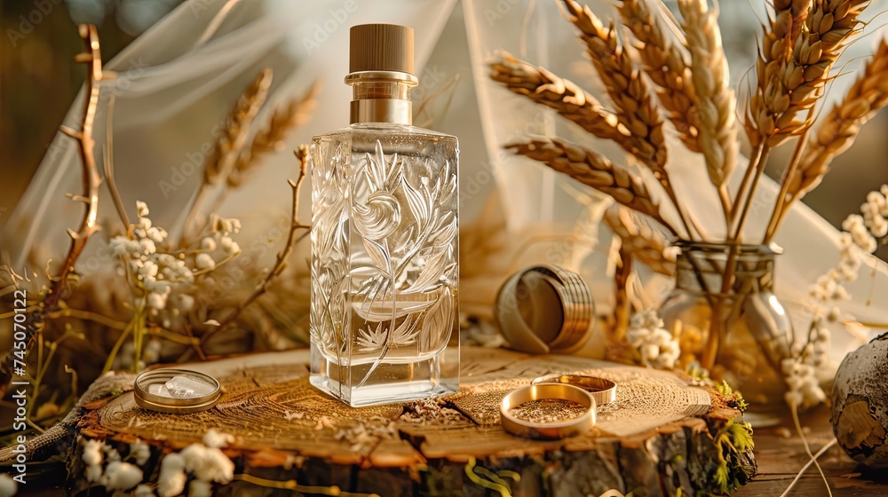 The bottle is standing on the wooden slice, containing a colorless transparent liquid. The bottle design is transparent, smooth glass with a cuboid shape The bottle is standing on the wooden slice, containing a colorless transparent liquid. The bottle design is transparent, smooth glass with a cuboid shape