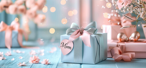 A tastefully wrapped Mother's Day present adorned with a satin ribbon and a tag for mom, surrounded by delicate flowers and petals